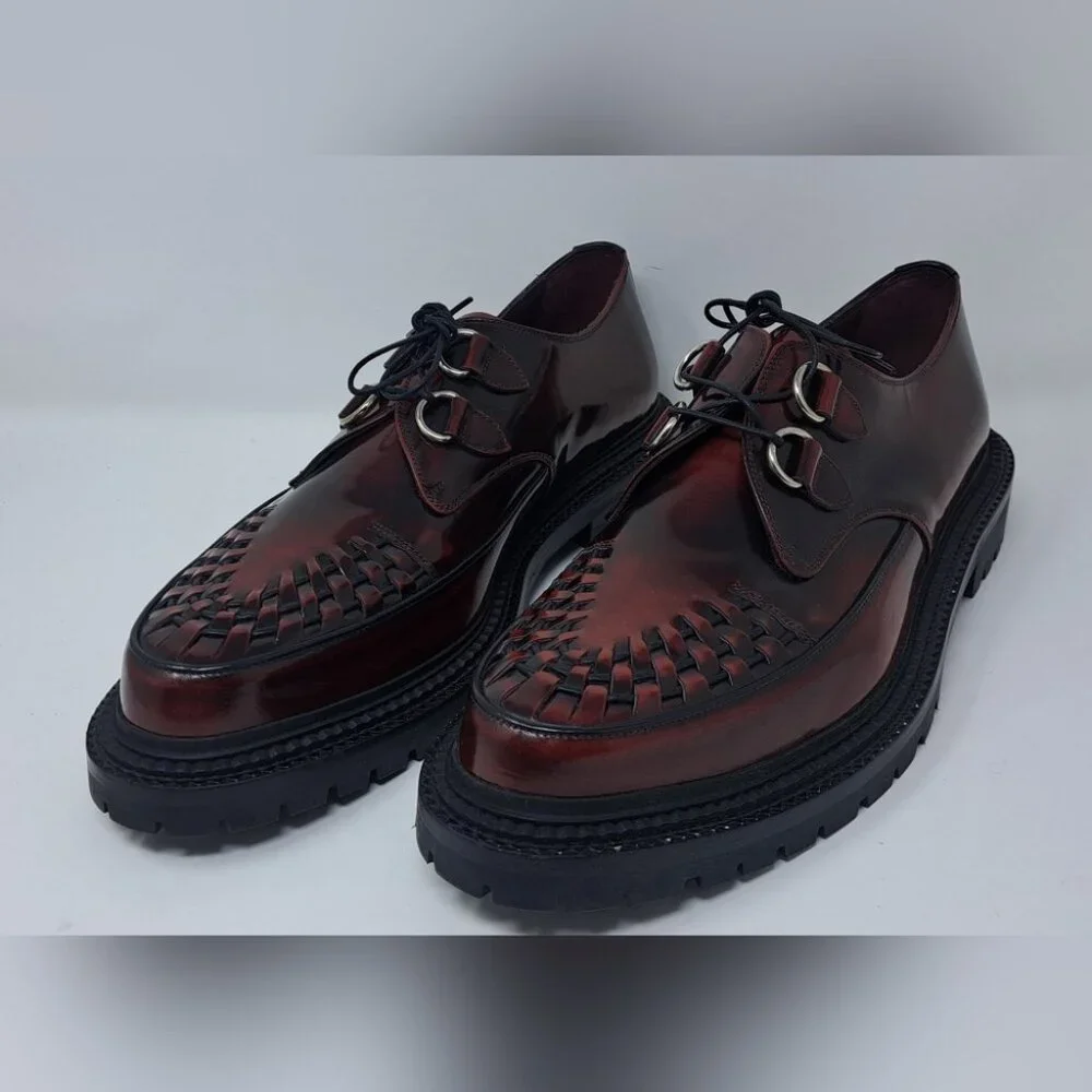 Burberry Mens Shoes Burgundy Leather Woven Lace Up Platform Creepers 11 US 44 EU